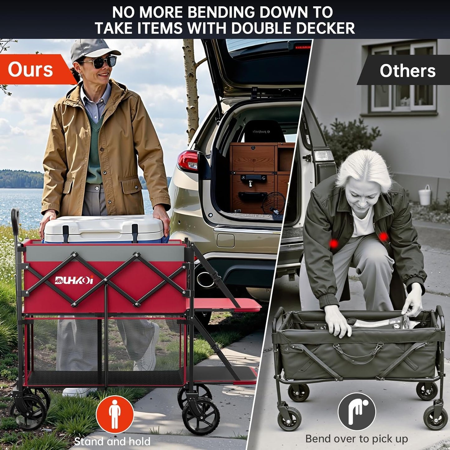 Double Decker Wagon 320L Large Capacity 400LBS Collapsible Sports Utility Cart with Big Wheels,Double Extended Tailgate Heavy Duty Folding Wagon Cart for Groceries,Camping,Outdoor-Rose Pink