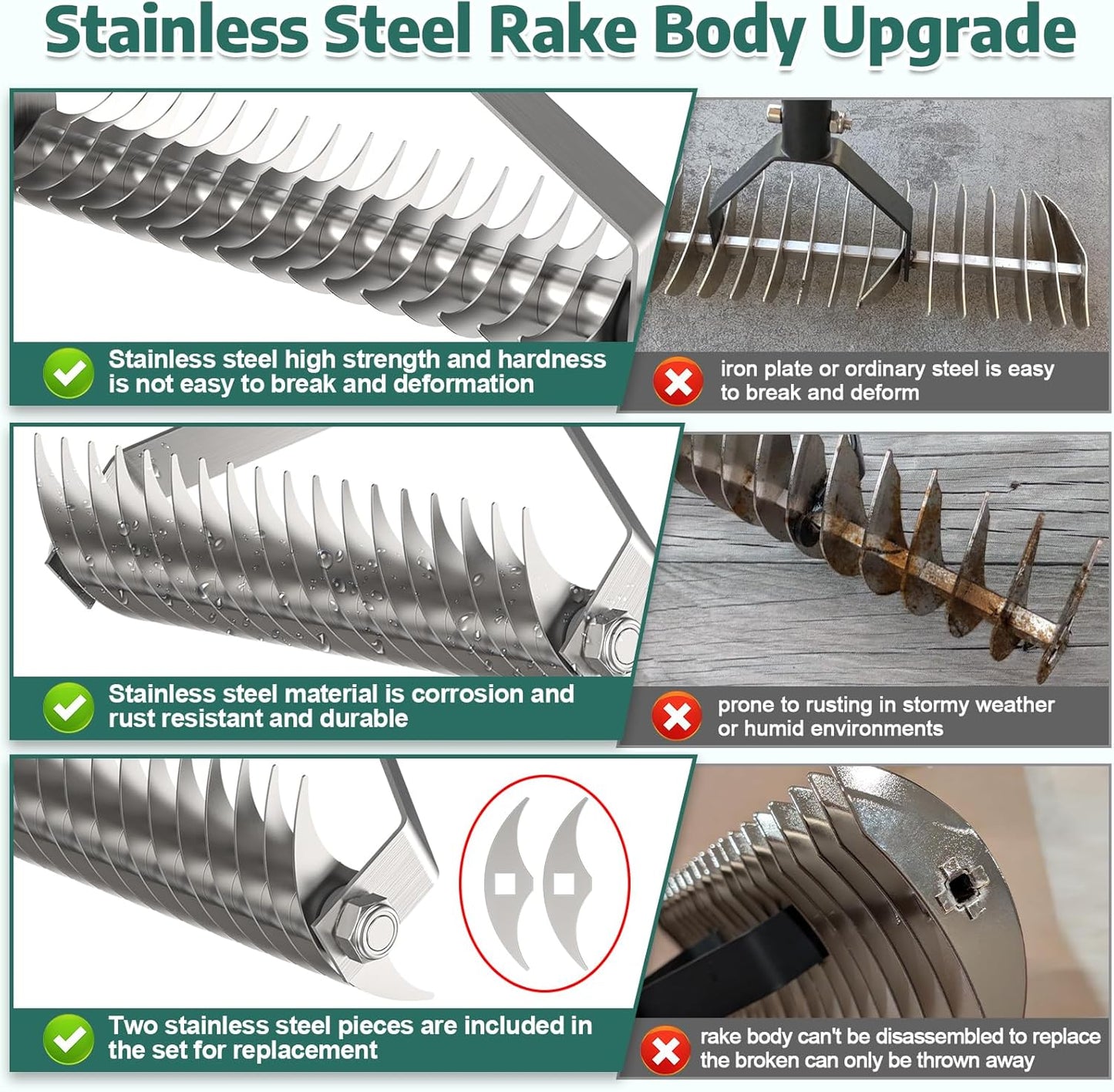 Lawn Rake for Yard, 304 Stainless Steel Thatch Rake for Lawns - Heavy Duty Dethatcher Blades with Adjustable Handle , Efficient Dethatching Rakes for Cleaning Dead Grass, Loosening Soil