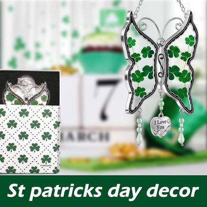 KY&BOSAM Shamrock Butterfly Suncatcher I Love You Irish Stained Glass for Windows Hangings Ornament for Wind Chiem Real Flower Wings Gift fo Women St Patrick's Day Mothers Day Valentine's Home Decor