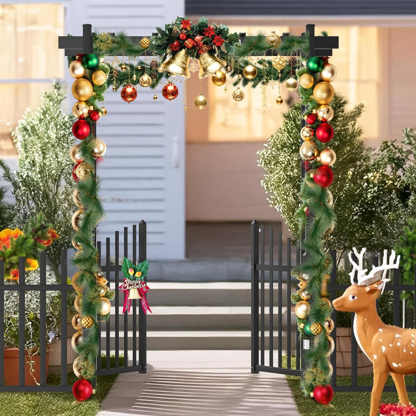 VINGLI Garden Arbor with Gate and Fence, PVC Wedding Arch for Ceremony Party, Garden Trellis for Climbing Plants Outdoor, Arch Backdrop Stand for Garden, Backyard, Lawn, Wedding (Black)
