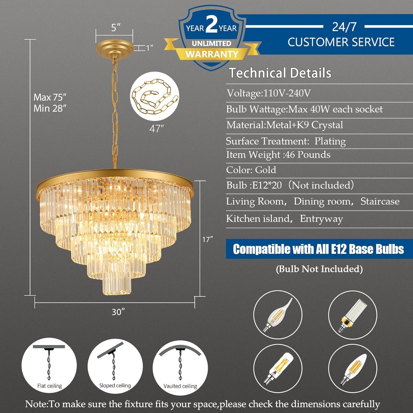 Crystal Chandeliers for Dining Room Lights Fixture Over Table, 20 Lights Gold Modern Chandeliers for Living Room, 5-Tier Round Crystal Lighting Fixtures for Bedroom Entryway Kitchen Island D30 Inch