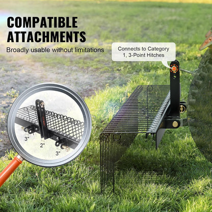VEVOR Tow Behind Landscape Rake, 72" Tow Dethatcher with 32 Steel Tines, Lawn Dethatcher Rake Attaches to Category 1, 3 Point Hitch for Tractor, for Leaves, Pine Needles, Straw, and Grass