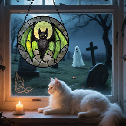 Stained Glass Window Hanging - Halloween Black Bat Green Wings Monster Suncatcher for Doors Garden Home Spooky Sun Catchers Gothic Decor Horror Gift for Women Men Friend Boy Girl 6.3 in