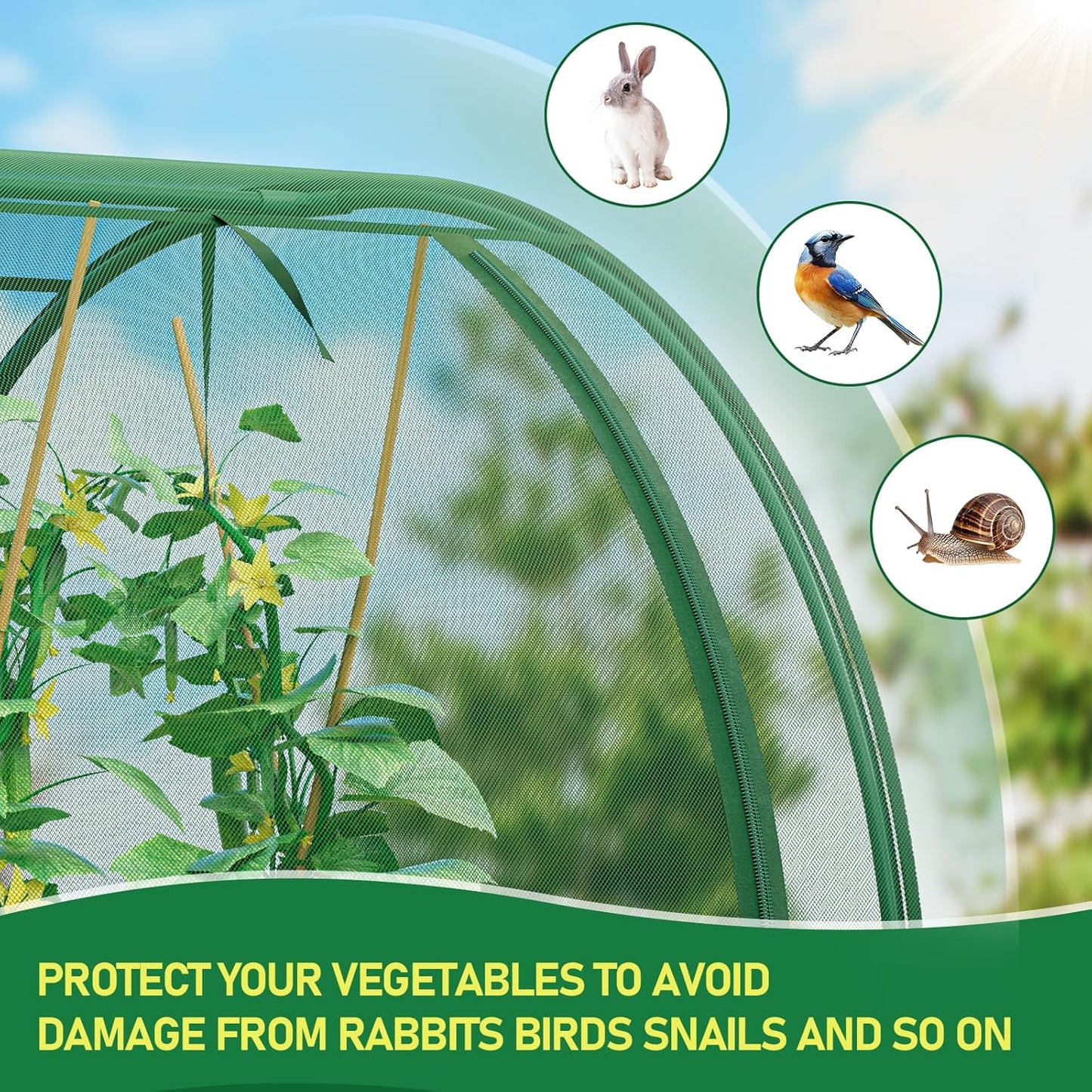 SPECILITE 98x49x49in Garden Plant Netting Mesh Cover for Raised Bed with Roll-up Zipper Door for Vegetables Fruits, Large Tunnel Gardening Net, Green