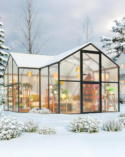 T-Shape Greenhouses, Polycarbonate Green House with UV Protection, Heavy Duty Greenhouse with Windproof Aluminum Frame, Roof Vent & Quick-Install Design for Backyard or Garden Use