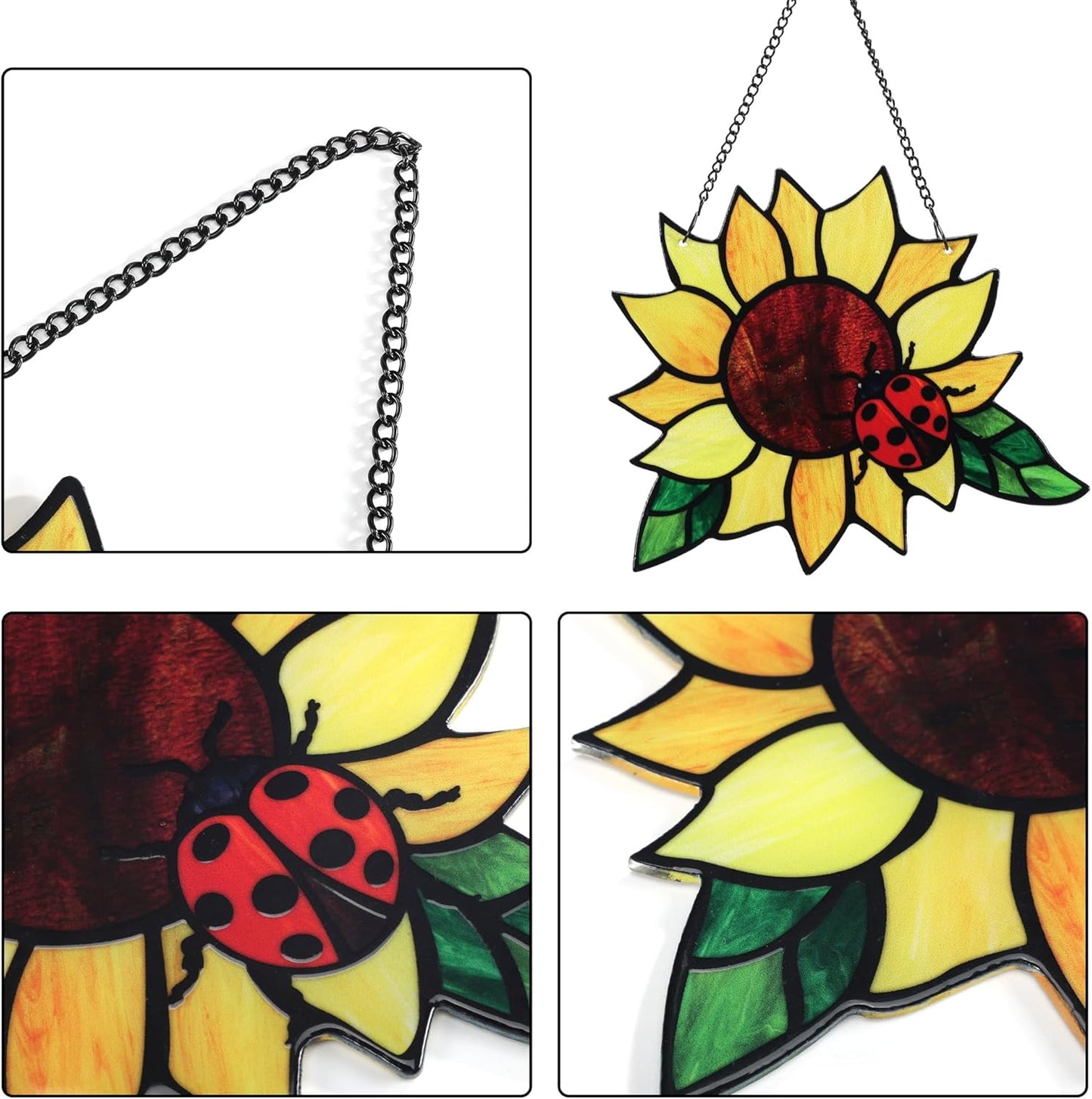 Stained Glass Suncatcher, Sunflower and Ladybug Window Hanging, Hand-Painted (Style 4)