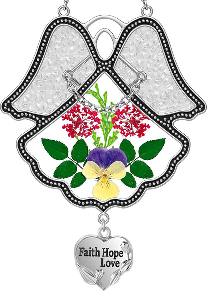 KY&BOSAM Angel Suncatcher Faith Hope Love Stained Glass Panels for Windows Hangings Wind Chime with Pressed Flower Glass with Metal Heart Charm Birthday Gifts for Women Mom Mothers Day Christmas Decor