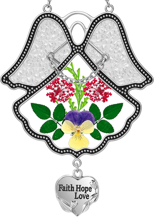 KY&BOSAM Angel Suncatcher Faith Hope Love Stained Glass Panels for Windows Hangings Wind Chime with