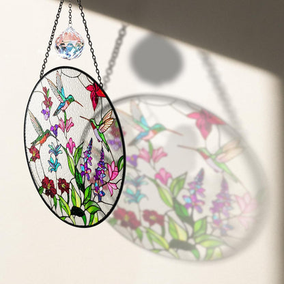 6" Green Hummingbird Stained Glass Suncatchers, Bird and Flowers Art Glass for Sun Catcher Indoor Window Gift for Animal Nature Floral Bird Lovers Women Mom Friend Painted Panel Décor BIRD-18B-SG6