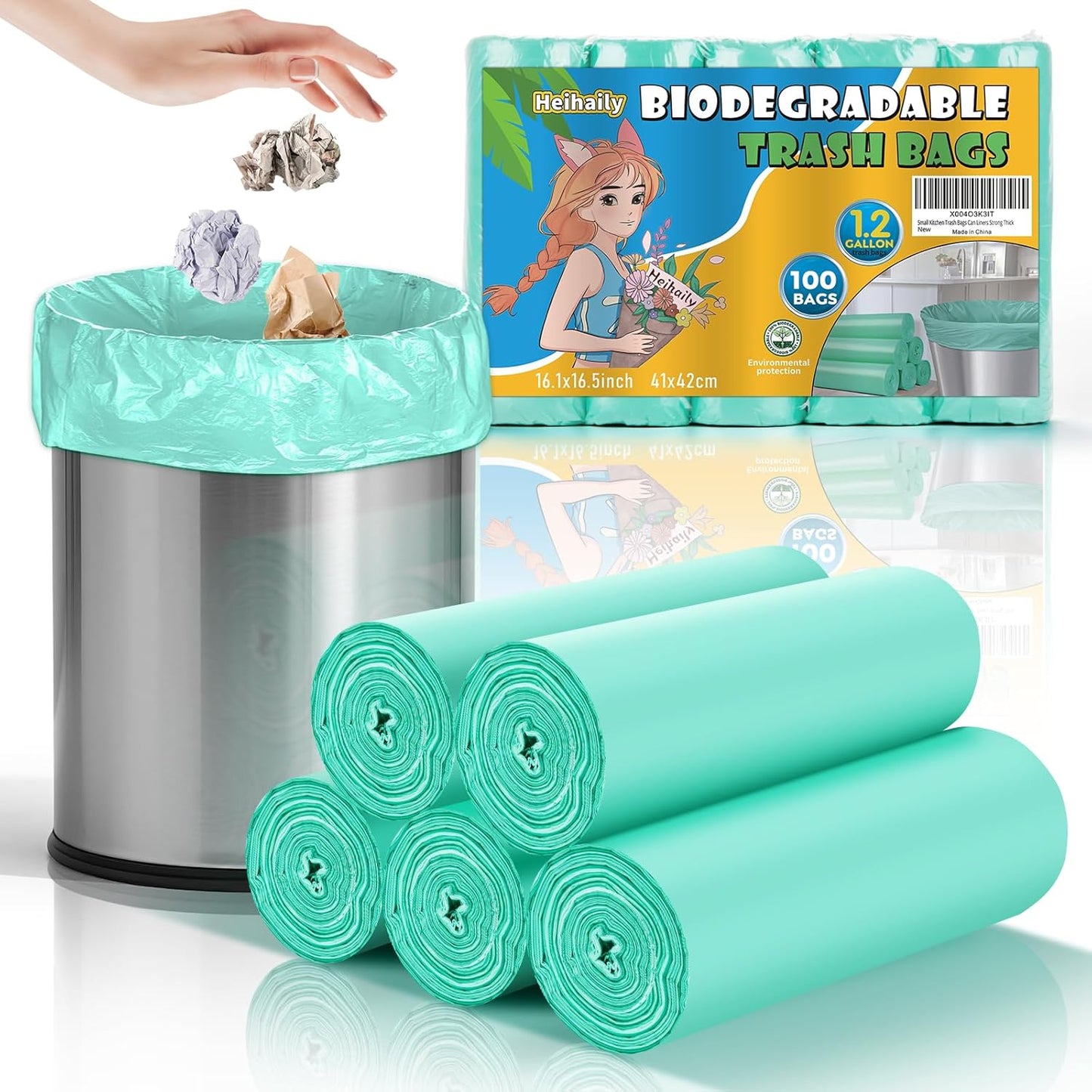 1.2 Gallon Small Biodegradable Trash Bags - Green Mini Garbage Bags (Fit 1-1.3 Gallon) 5 Liter 100 Count Unscented Compostable Tiny Little Waste Basket Kitchen Office Bathroom Liner Heihaily