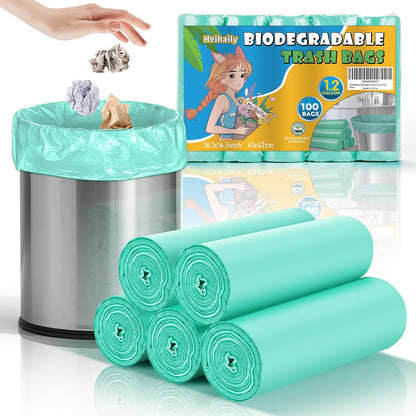 1.2 Gallon Small Biodegradable Trash Bags - Green Mini Garbage Bags (Fit 1-1.3 Gallon) 5 Liter 100 Count Unscented Compostable Tiny Little Waste Basket Kitchen Office Bathroom Liner Heihaily