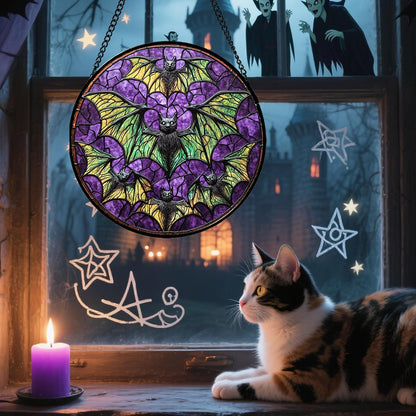 Stained Glass Window Hanging - Halloween Decorations Bats Suncatcher for Doors Garden Indoor Spooky Funny Purple Sun Catchers Gothic Decor Horror Gifts for Women Men Friend 11.8 in