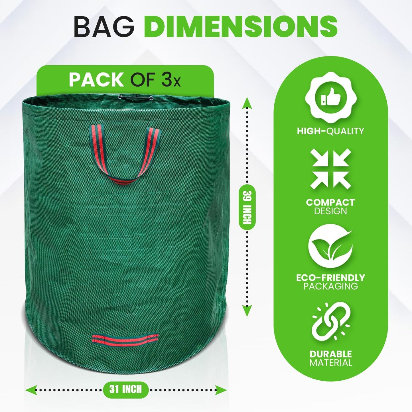 Gardenpal 3 Pack 132 Gallon Reusable Yard Waste Bag, Heavy Duty, Upright Lawn Bags with 4 Reinforced Handles (132 Gallon/3 Pack)