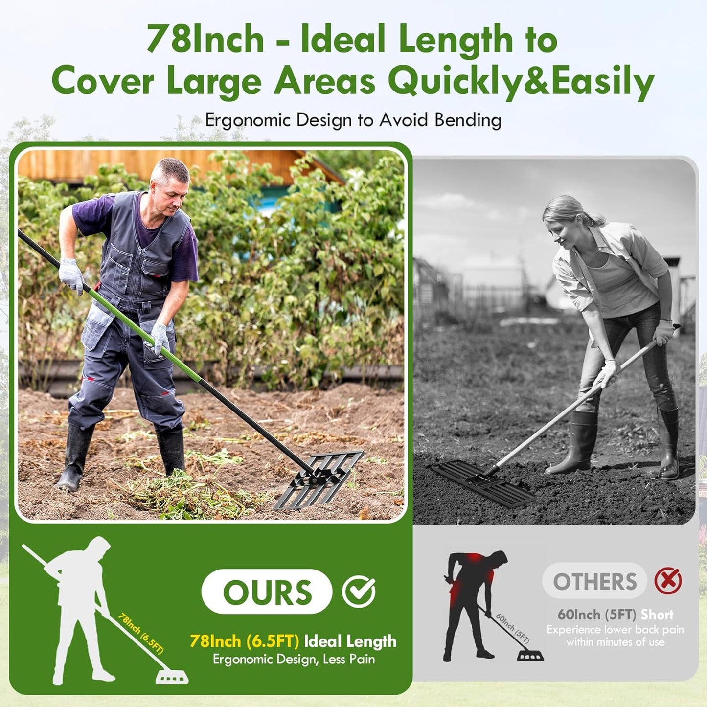 Seeutek Lawn Leveling Rake, 35” x 10” Lawn Leveler with 6.5FT Stainless Steel Handle Rakes for Lawns, 0-180° Adjustable Ground Leveler Tool for Yard, Level Soil Sand Dirt Surfaces
