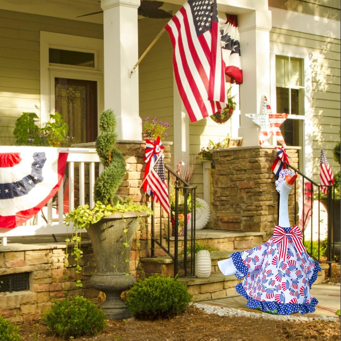4th of July Goose Outfit Independence Day Clothes for Porch Goose 23" Cement Statue - Outdoor Patio Yard Lawn Decoration