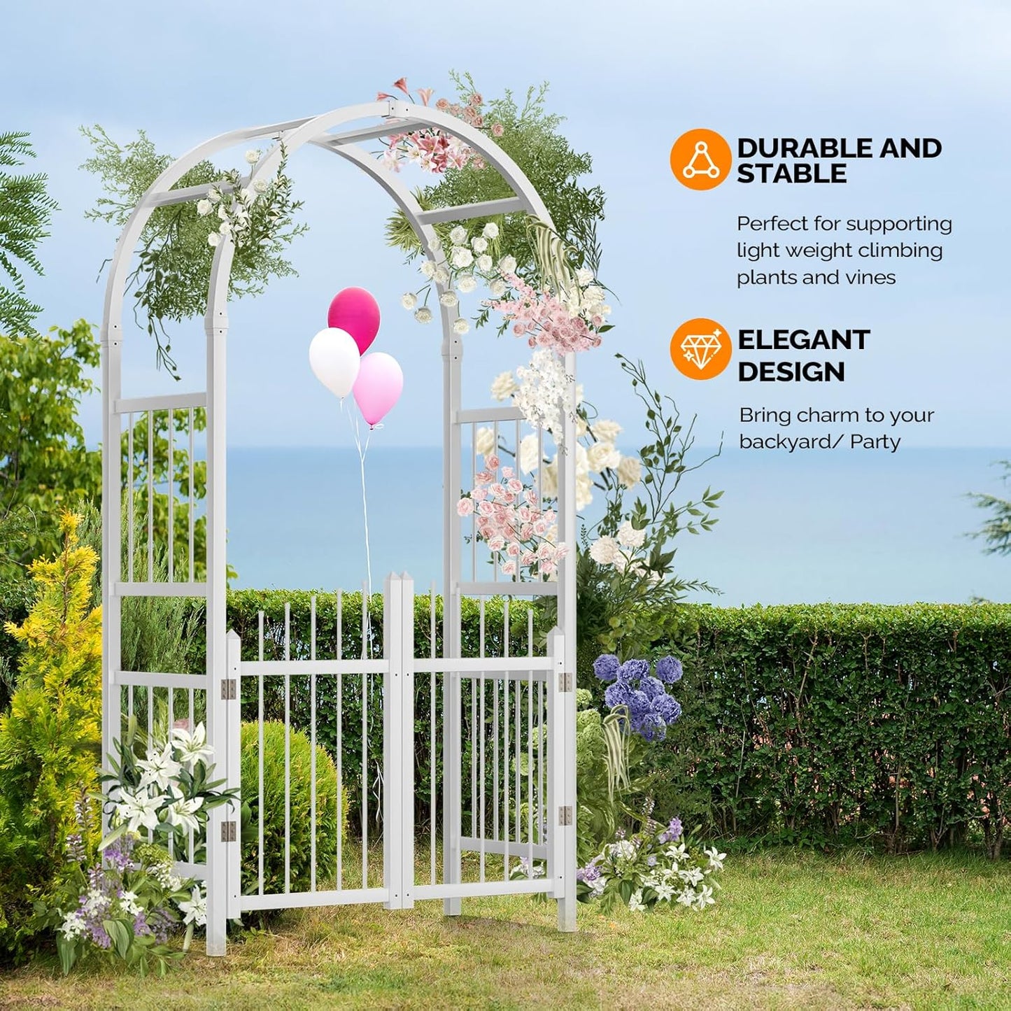 VINGLI Garden Arbor with Gate, PVC Frame Trellis Garden Arch for Plant Climbing, Vinyl Pergola Wedding Arch Backdrop Standing for Backyard, Lawn, Event (White)