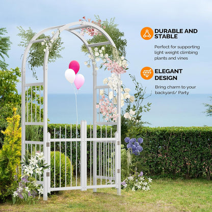 VINGLI Garden Arbor with Gate, PVC Frame Trellis Garden Arch for Plant Climbing, Vinyl Pergola Wedding Arch Backdrop Standing for Backyard, Lawn, Event (White)