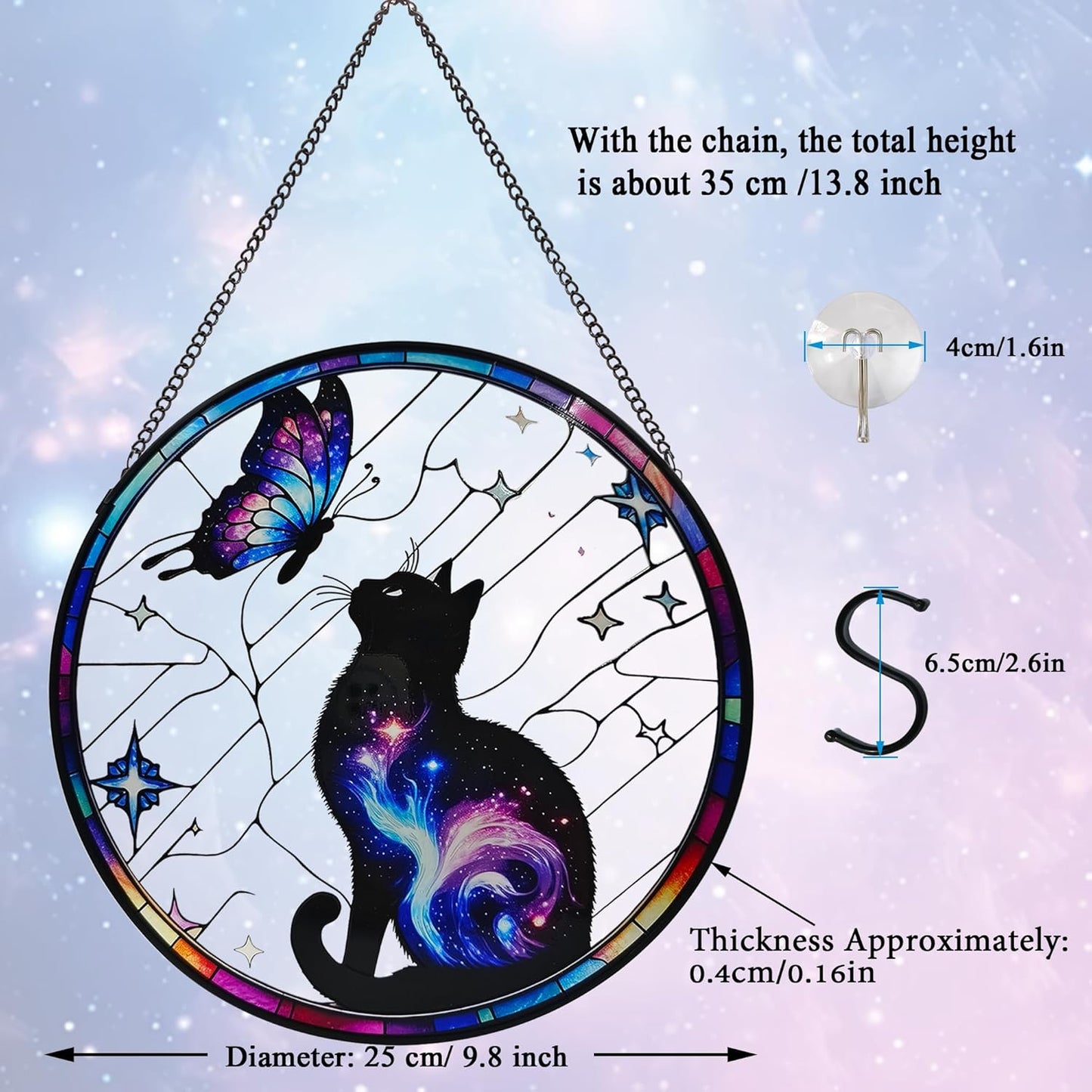 Black Cat Stained Glass Window Hanging, 9.8'' Black Cat & Butterfly with Nebula Design Suncatcher Indoor Outdoor Home Decor for Cats Lovers, Gift for Halloween