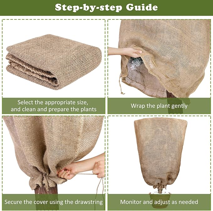8 Packs Winter Burlap Plant Covers Bags 23.6 x 39.4 Inch Large Burlap Sack Plant Blanket with Drawstring Reusable Warm Plant Frost Cloth Cold Freeze Blanket for Outdoor Fruit Tree Potted Plants