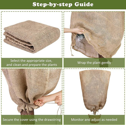 8 Packs Winter Burlap Plant Covers Bags 23.6 x 39.4 Inch Large Burlap Sack Plant Blanket with Drawstring Reusable Warm Plant Frost Cloth Cold Freeze Blanket for Outdoor Fruit Tree Potted Plants
