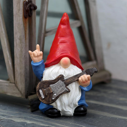Garden Gnome with Guitar 7.1“ Figurine Ornament for Indoor Outdoor Home Patio Yard Lawn, Red Hat, Blue Outfit, Indoor Outdoor Decorative Statue