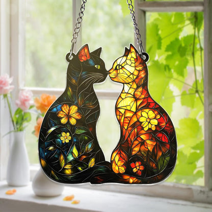 Cat Suncatcher – Acrylic Window Hanging of Two Cats in Love, Romantic Floral Cats Decor, Gift for Cat Lovers, Mom, Couple, Anniversary, Black Orange Cat's, Home Decoration (Sun-31)