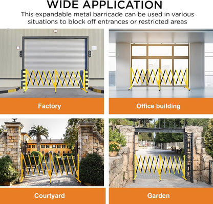 TECSPACE Industrial Expandable Metal Barricade, Expansion Size 16.4 FT, Yellow and Black,Durable Steel Safety Barricade with casters, Flexible Mobile Barrier Gate, Adjustable Traffic Fence