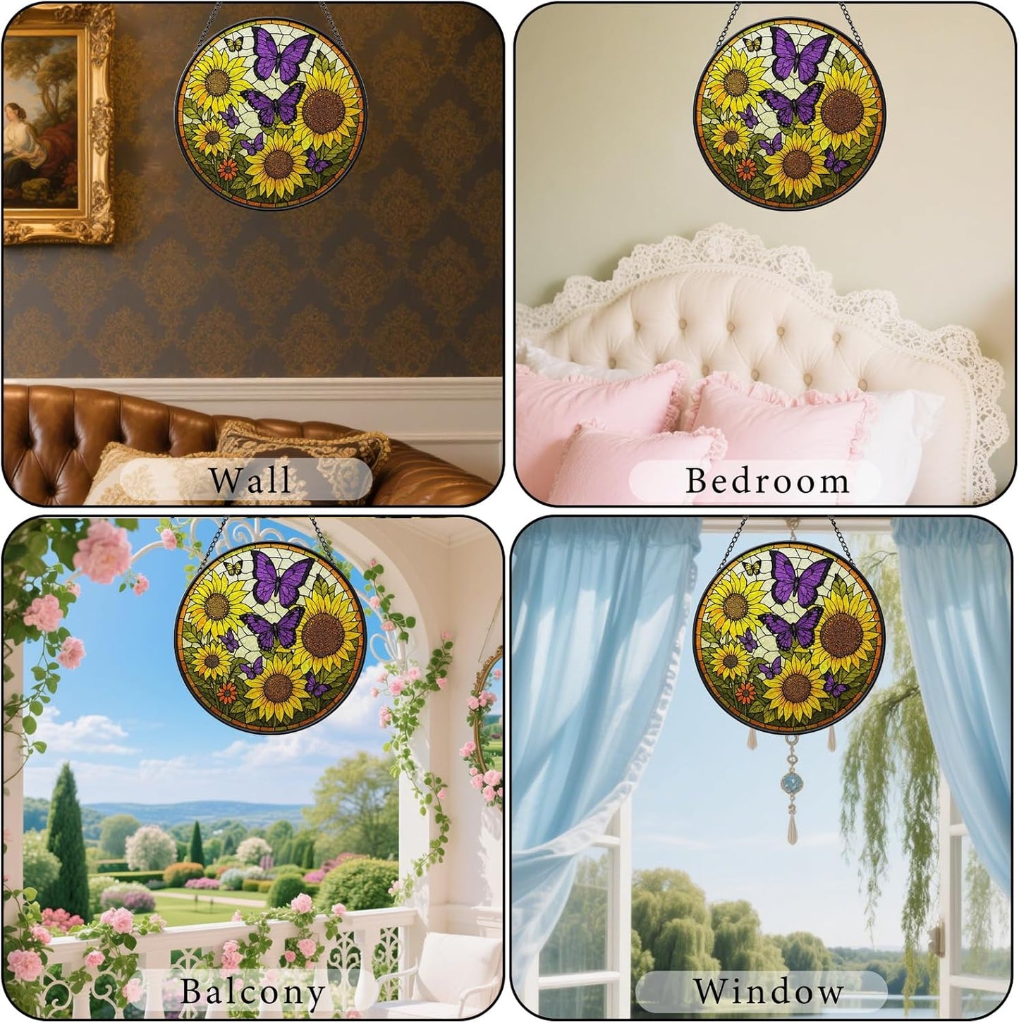 Sunflower Butterfly Suncatchers Stained Glass for Windows Hanging - 8'' Sun Catchers Indoor Window - UV-Print Stain Glass Window Hanging for Home Decor, Wall Art, Gifts for Mom