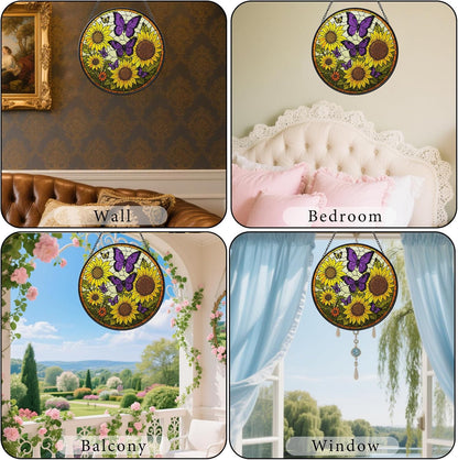 Sunflower Butterfly Suncatchers Stained Glass for Windows Hanging - 8'' Sun Catchers Indoor Window - UV-Print Stain Glass Window Hanging for Home Decor, Wall Art, Gifts for Mom