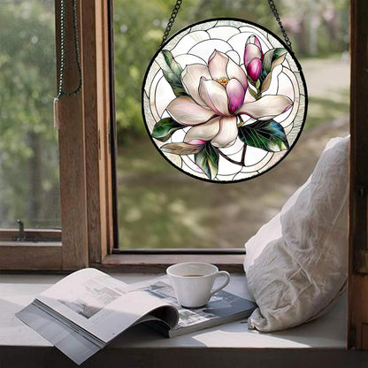Stained Glass Window Hanging - Pink Magnolia Flower Petal Suncatcher for Doors Window Home Sun Catchers Decor Christmas Mother's Day Birthday Gifts for Teacher Women Men Mom Nana 6.3 in