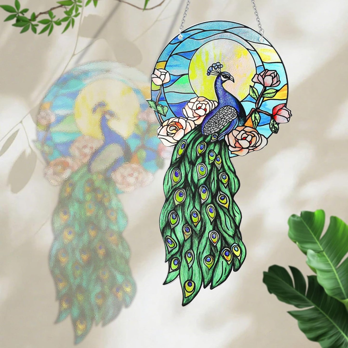Stained Glass Suncatchers for Windows, Hanging Sun Catchers Indoor Window, Suncatchers for Porch & Garden Unique Peacock-Themed 12''x6''(uv Printed)