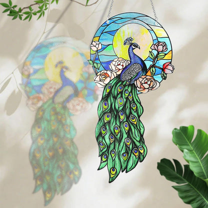 Stained Glass Suncatchers for Windows, Hanging Sun Catchers Indoor Window, Suncatchers for Porch & Garden Unique Peacock-Themed 12''x6''(uv Printed)