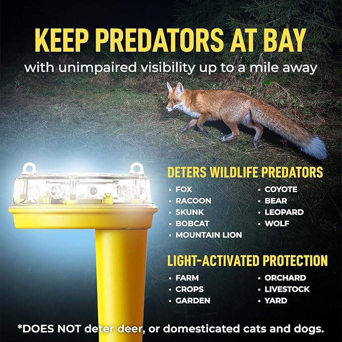 Solar Foxlights Predator Deterrent with LED Flash – Night Wildlife Repeller for Chickens, Ducks, Goats, Gardens, Farms, Crops & Vineyards – Professional Rancher & Farmer Trusted Protection Light
