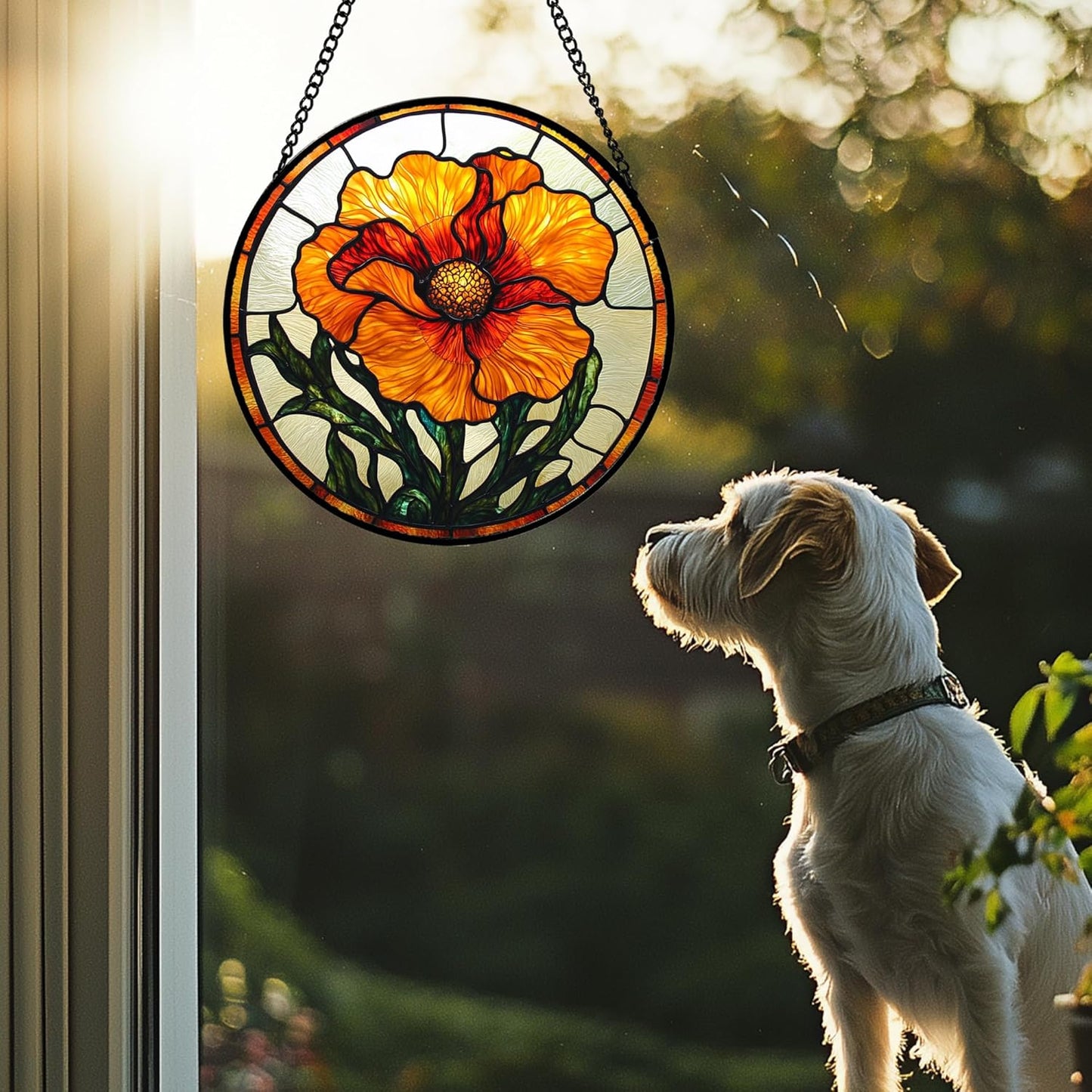 Stained Glass Window Hanging - Orange Poppy Birth Flower Suncatcher for Door Garden Yard Retro Sun Catchers Decor Christmas Mother's Day Birthday Gifts for Women Mom Nana Friend 11.8 in