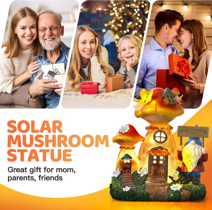 Json Solar Garden Statue Lights Mushroom Fairy House Figurine, Outdoor Memorial Garden Ornaments Waterproof Decoration for Outside Patio Yard Lawn Decor