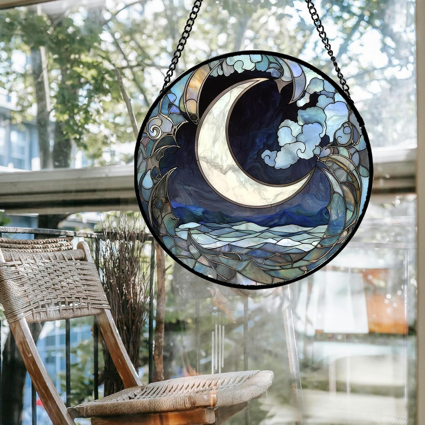 Stained Glass Window Hanging - Abstract Sea of Clouds Moon Sun Catcher for Door Terrace Garden Home Decor, Gray Blue Suncatcher Birthday Gifts for Lovers Women Men Dad Mom Nana 6.3 in