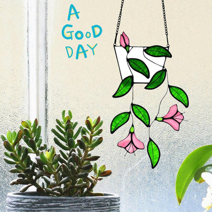 Plants Flower Stained Glass Window Hanging, Artificial Plants Sun Catchers Indoor Window, Stain Glass Suncatcher Hanging,Handcrafted Home Decor