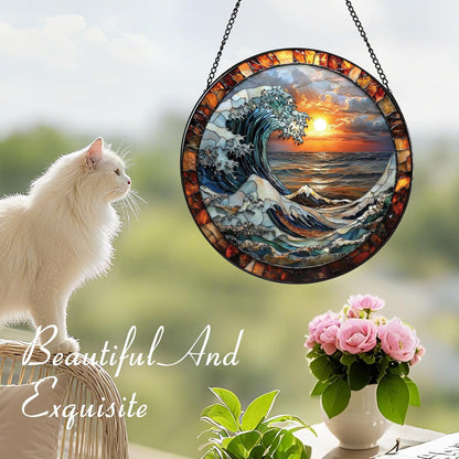 The Ocean Waves and The Sunrise Suncatcher -7.9 in Stained Glass Window Hanging Sun Catcher Garden Decor