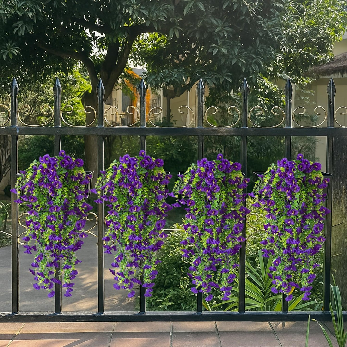 Artificial Hanging Flowers – 4 Pack UV Resistant Fake Morning Glory Vine Faux Plants for Porch, Patio, Balcony, Garden, Indoor & Outdoor Decor (Purple)
