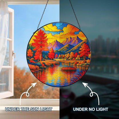 Stained Glass Window Hanging, Autumn Sun Catchers Stained Glass Panels for Indoor Windows Wall Art Decor, Birthday Gift for Mom Women Wife Men Lovers (7.87inch)