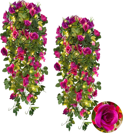 RECUTMS Artificial Hanging Rose Flower 2PCS 3.3Ft Flowers for Outdoors with 30 LED Fairy String Lights Fake Indoor Outdoor Wall Wedding (Purple)