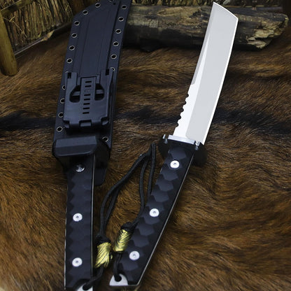 BA-KOR 15.8in Full Tang Japanese Style Outdoor Knife –8mm DC53 Steel, Nylon Fiber Handle &Sheath, Hunting Survival Knife+(5.9in) cerium igniter (Black handle and white blade (8mm))