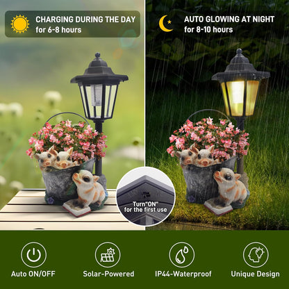 Outdoor Pigs Statues Solar Sculptures with Solar Lights and Flowerpot Funny Garden Decor Animal Figurines Resin Outdoor Statues for Patio Yard Lawn Balcony Gifts