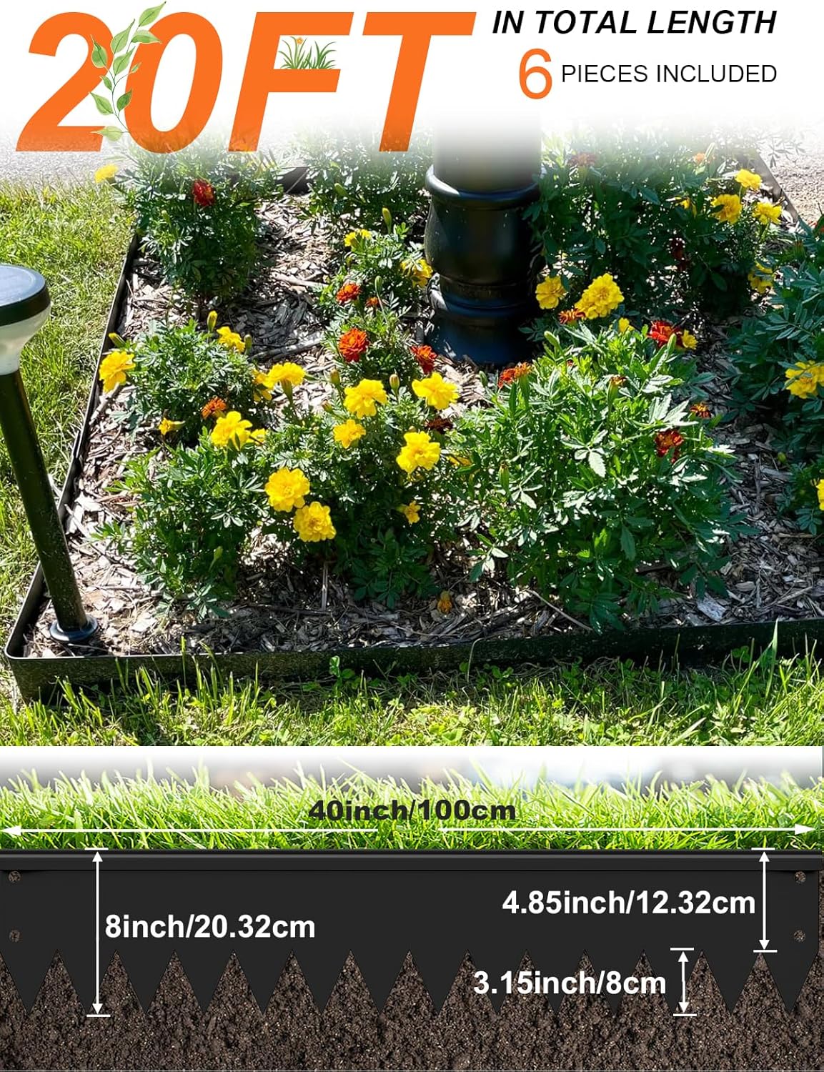 Vinci Landscape Edging Border, 40" L x 8" H 6Pack 20FT Total Black Galvanized Steel Garden Edging with Spikes, Sturdy Elegant Metal Lawn Broder for Flower Beds, Pathways, Paver Edges and Yard