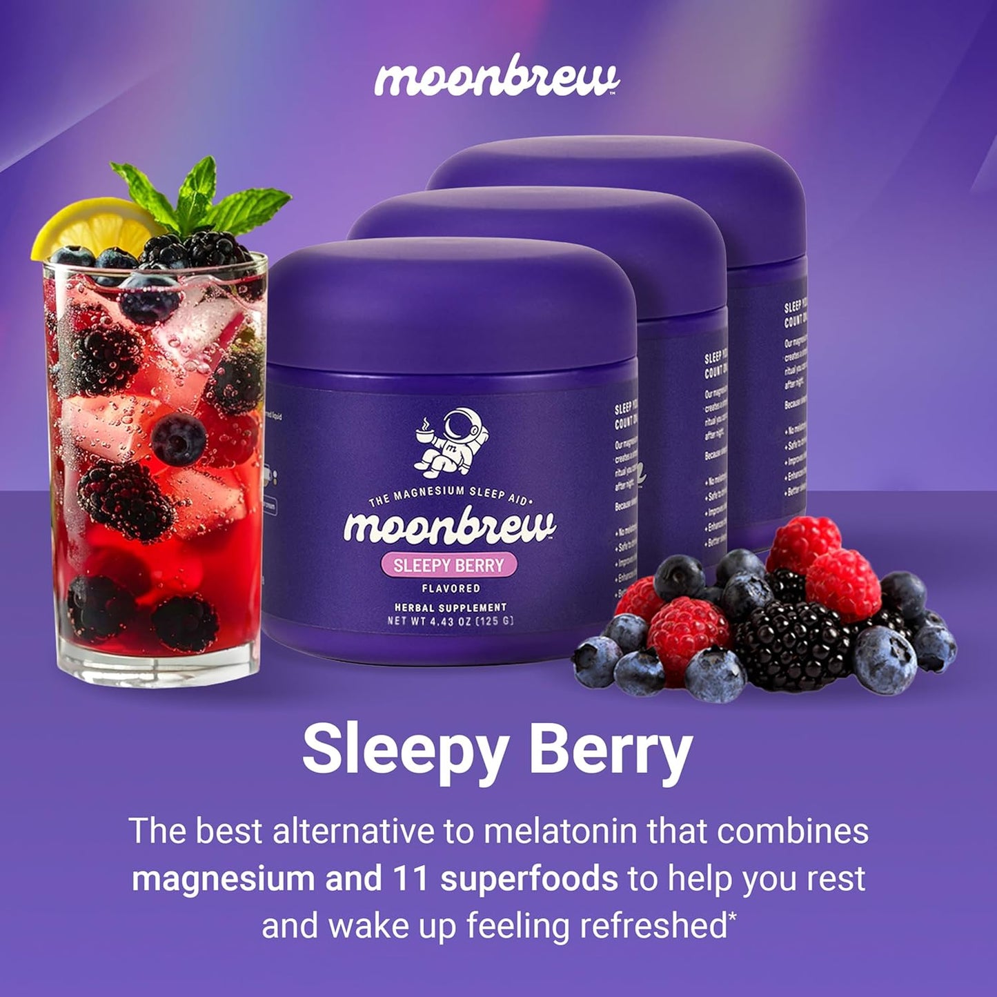 MoonBrew Nighttime Magnesium Sleepy Berry Smoothie, Natural Sleep Aid Drink Mix for Adults, 3-Pack - Calming Melatonin-Free Sleep Support with L-Theanine, Chamomile & Zinc Glycinate - 75 Servings
