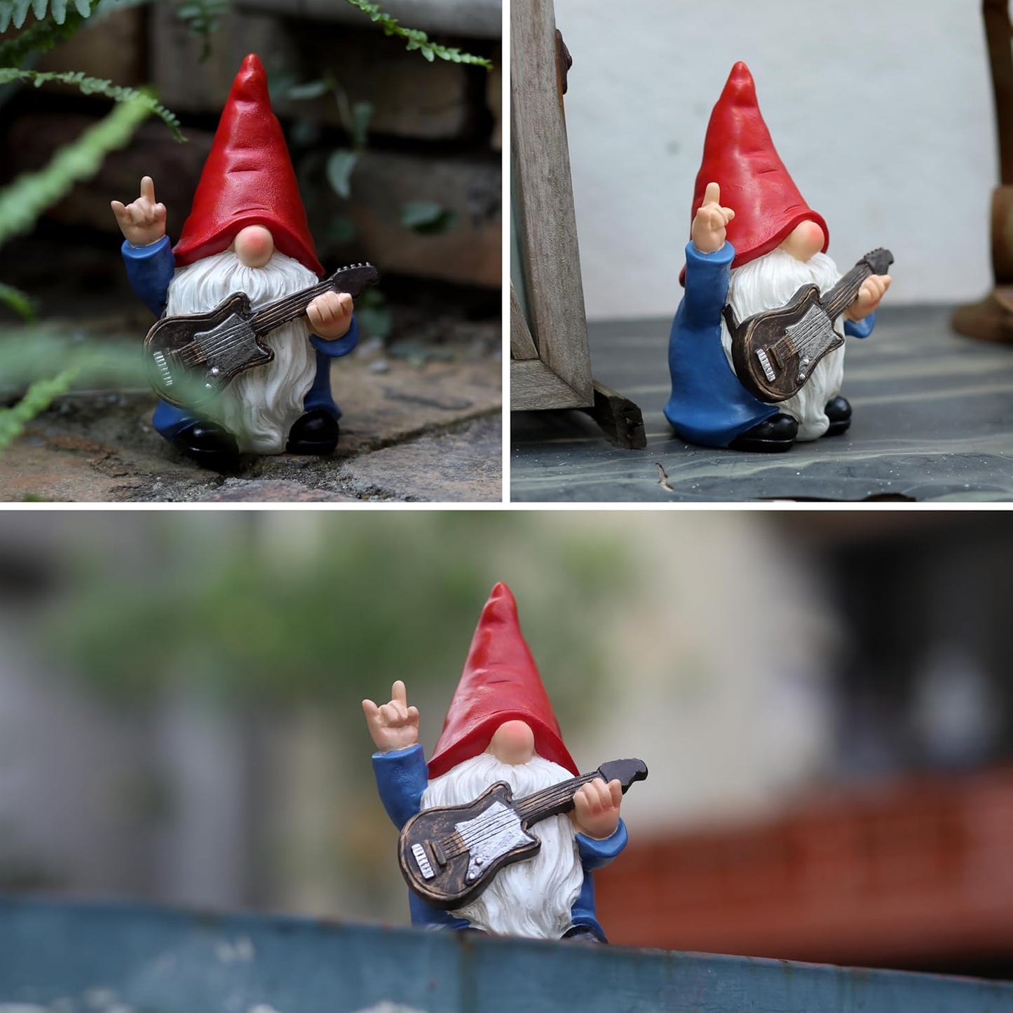 Garden Gnome with Guitar 7.1“ Figurine Ornament for Indoor Outdoor Home Patio Yard Lawn, Red Hat, Blue Outfit, Indoor Outdoor Decorative Statue