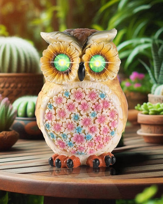 Hand-Painted Resin Owl Figurine with Glow-in-The-Dark Eyes, Solar-Powered Garden Decor 5.5'' Lawn Ornaments Statue Gardening Gifts for Outside Yard Art Patio (Owl)