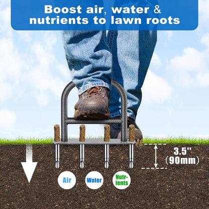 Lawn Coring Aerator Tool, Stainless Steel 4-Core Manual Plug Aerator for Yard & Lawn Aeration, Durable Aeration Tool with Soft Rubber Grip for Compacted Soil & Grass Care