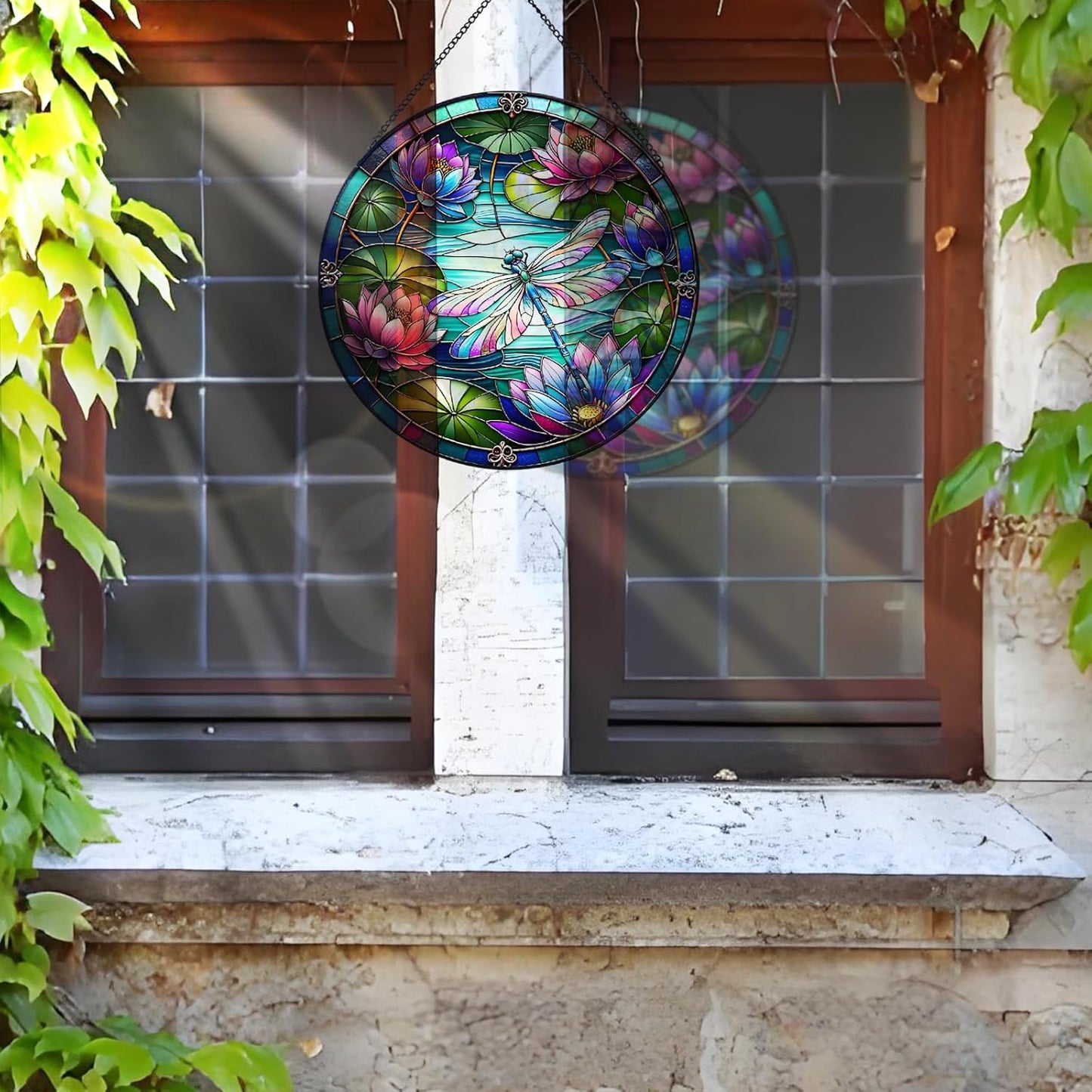 RIVEENY Dragonfly Stained Glass Window Hanging, Stained Glass for Windows,Dragonfly Sun Catcher Garden Hangings Christmas Mother's Day