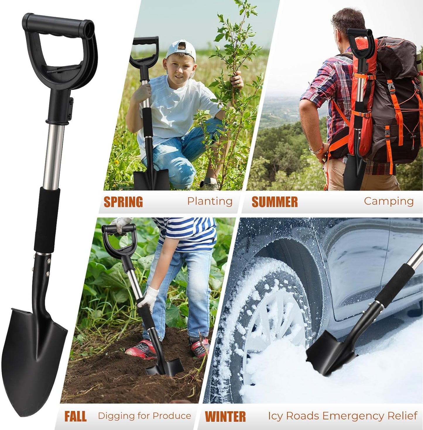 Multi-Task Small Shovel 31" - D-Handle Ergonomic Design for Raised Garden Beds, Outdoor Compact Spaces & Family Camping (Rustproof & Ultra-Light), Silver
